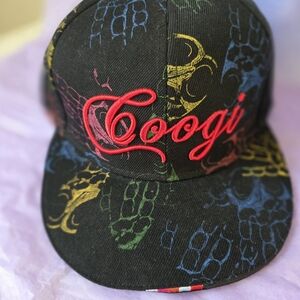 NWT Coogi Black RED Script Logo Fitted Hat Multicolor Hand Prints
